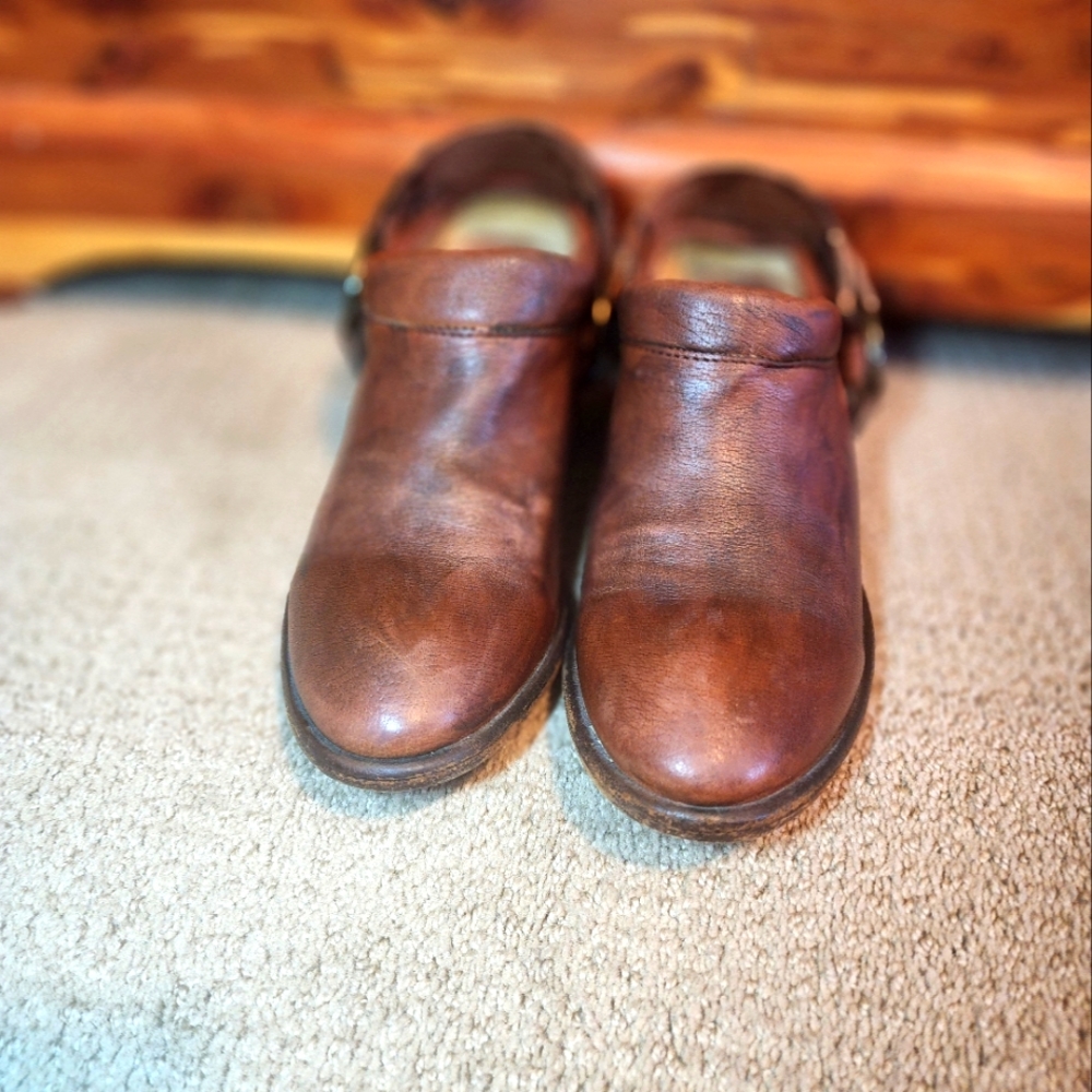 Frye Carson Boots Clogs Mules Brown Leather Harness Slip On sz 7.5 B